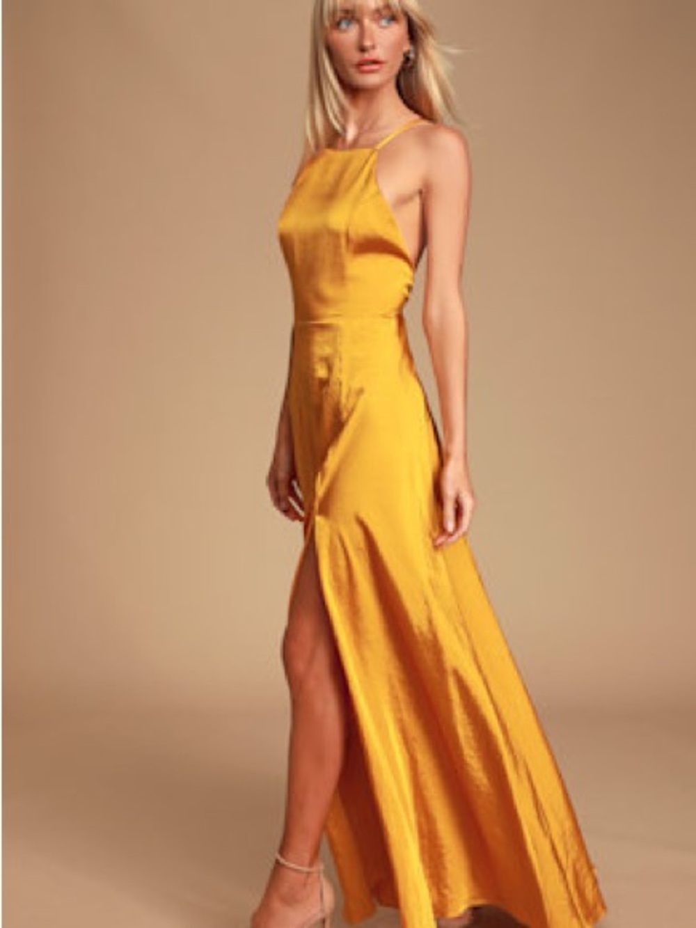 Lulu's Satin Gold Halter Maxi Dress with High Slit
